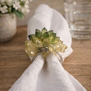 Set Of 4 Vintage Green Succulent Napkin Rings With Beaded Details & Metal Rings